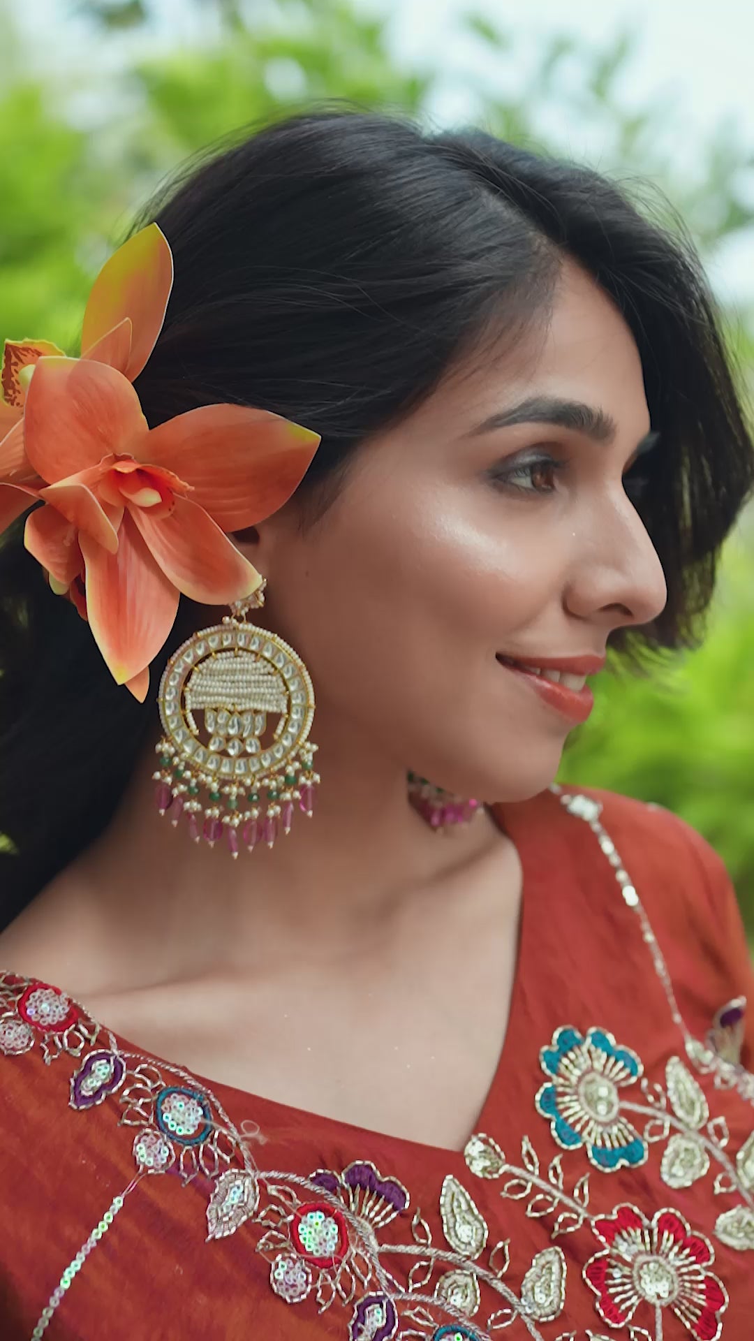 Rust Orange Embroidery Pipe Bead With Traditional Work Lehenga