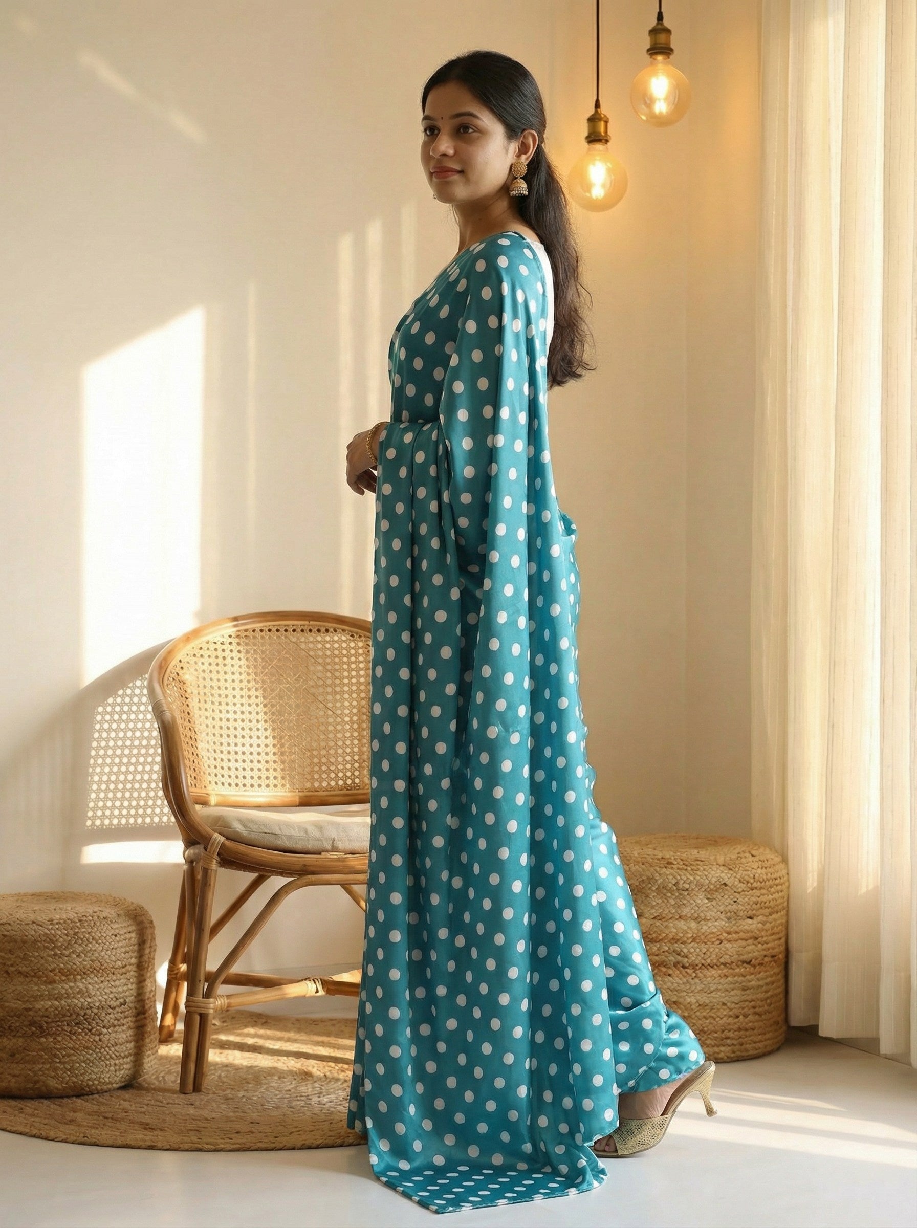 Pure Satin Sarees in Polka Dot prints With Plain Blouse