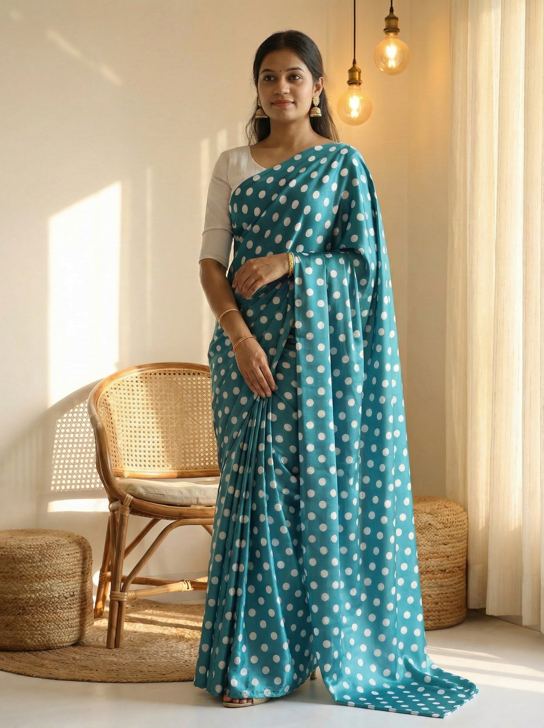 Pure Satin Sarees in Polka Dot prints With Plain Blouse
