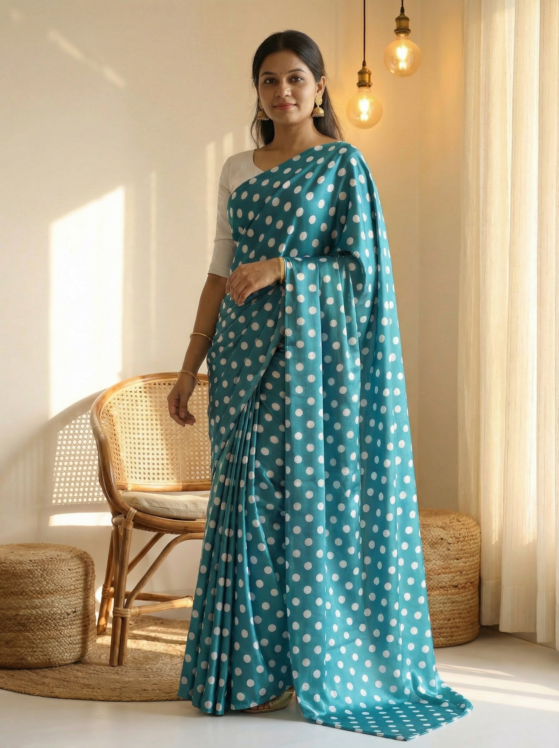 Pure Satin Sarees in Polka Dot prints With Plain Blouse