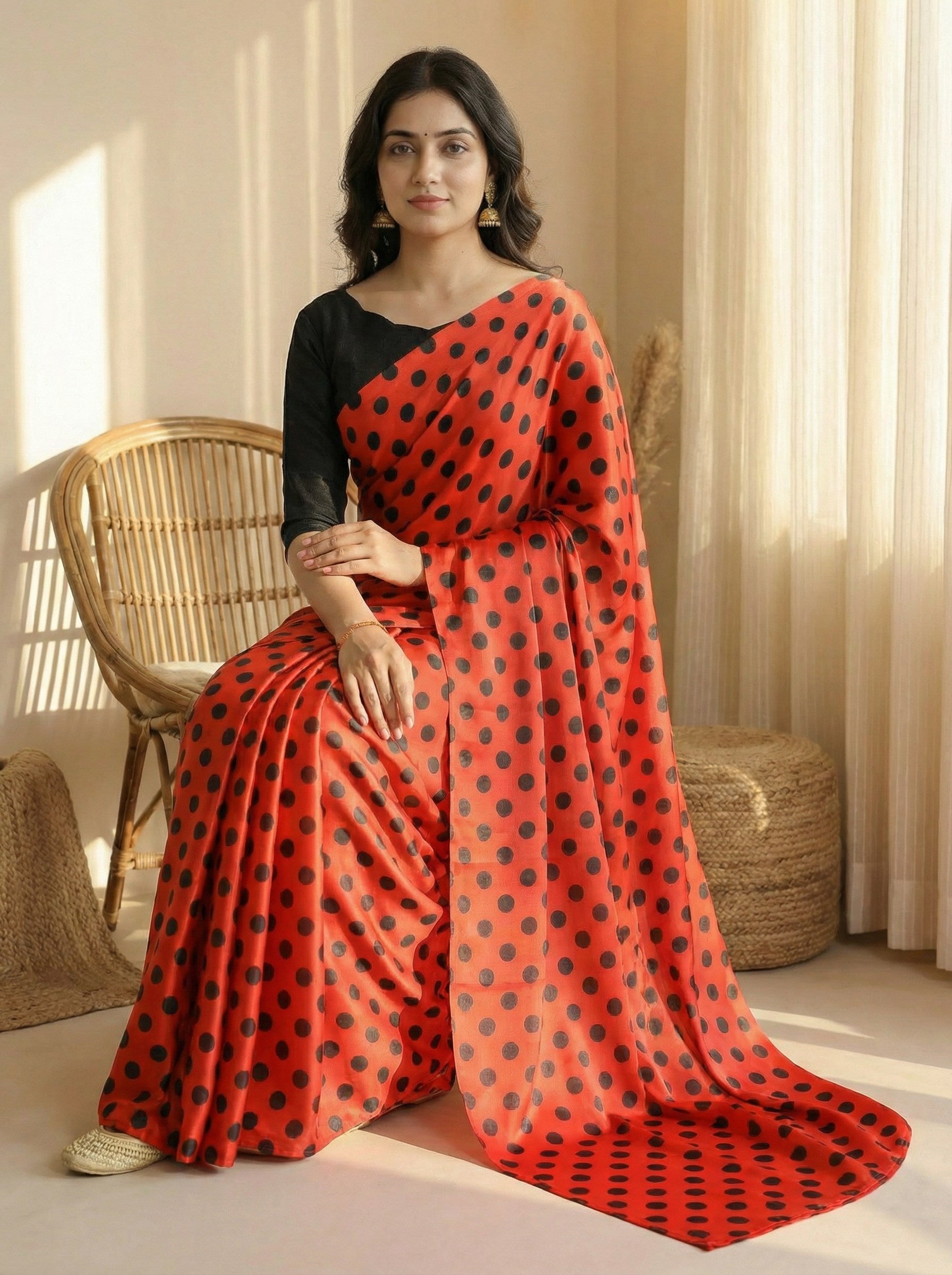 Pure Satin Sarees in Polka Dot prints With Plain Blouse