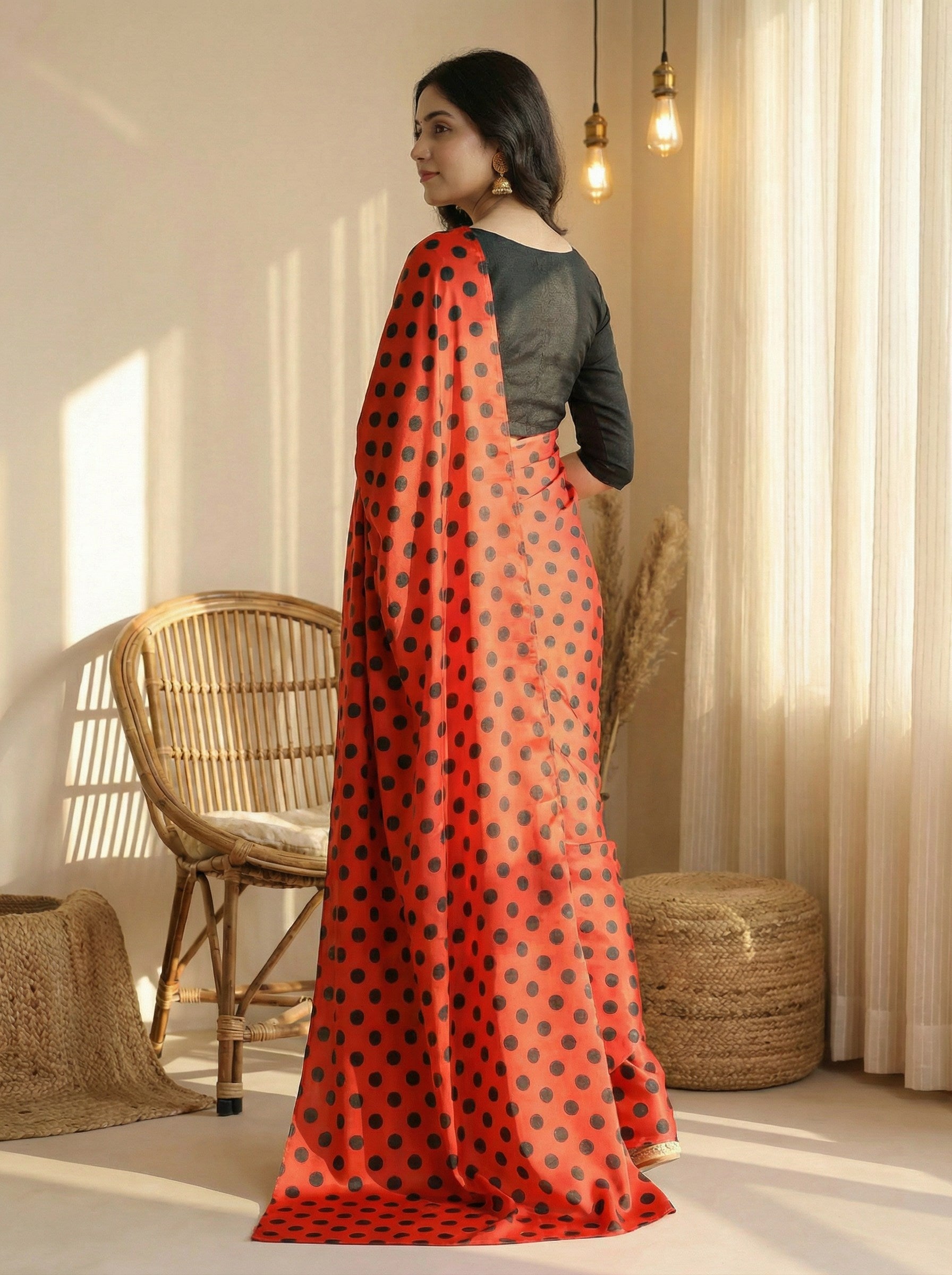 Pure Satin Sarees in Polka Dot prints With Plain Blouse