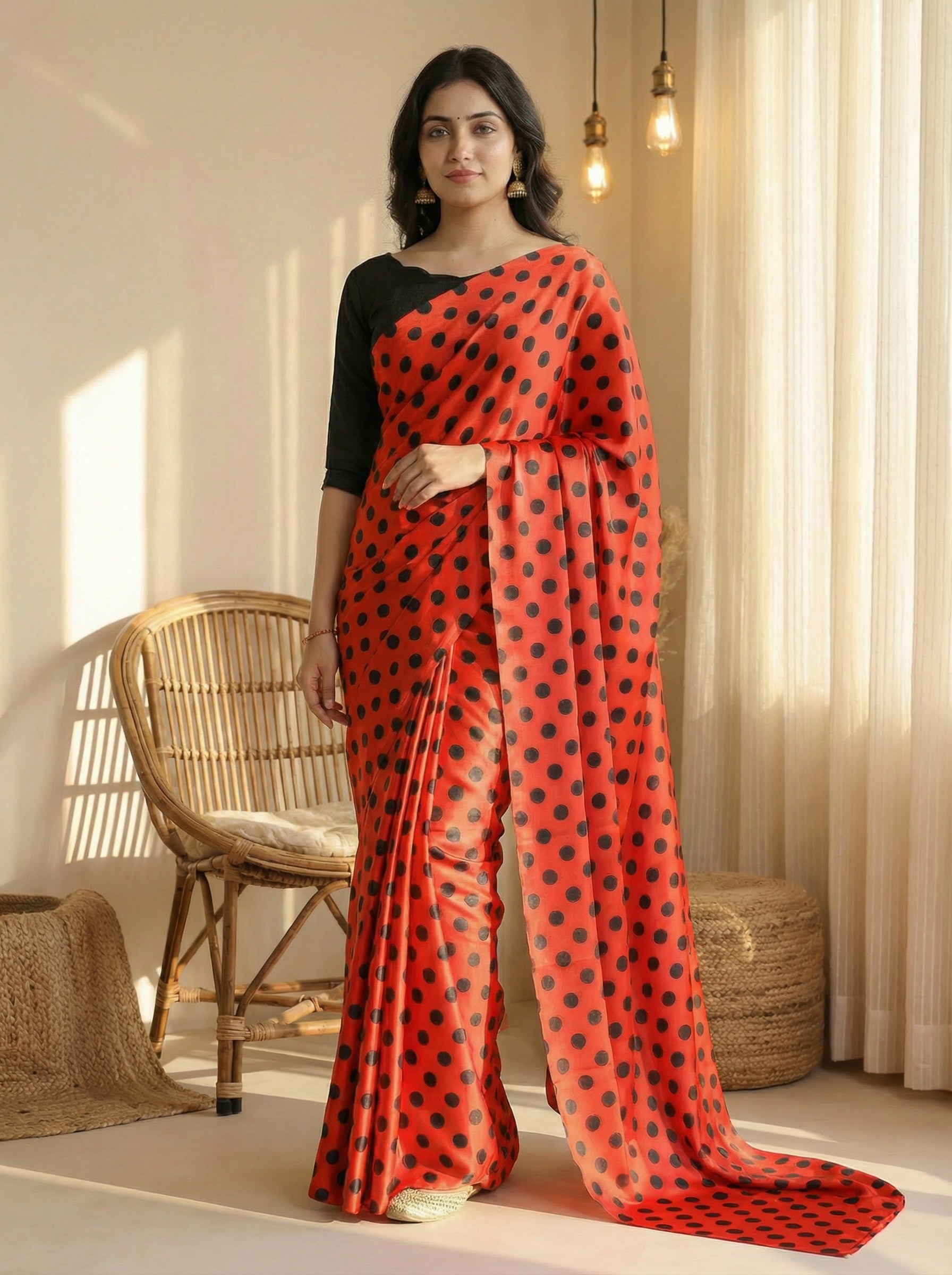 Pure Satin Sarees in Polka Dot prints With Plain Blouse