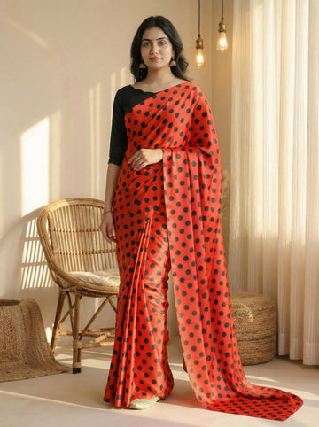 Pure Satin Sarees in Polka Dot prints With Plain Blouse