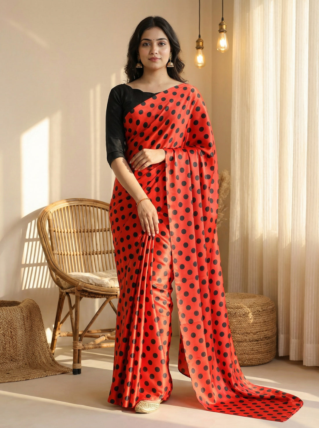 Pure Satin Sarees in Polka Dot prints With Plain Blouse