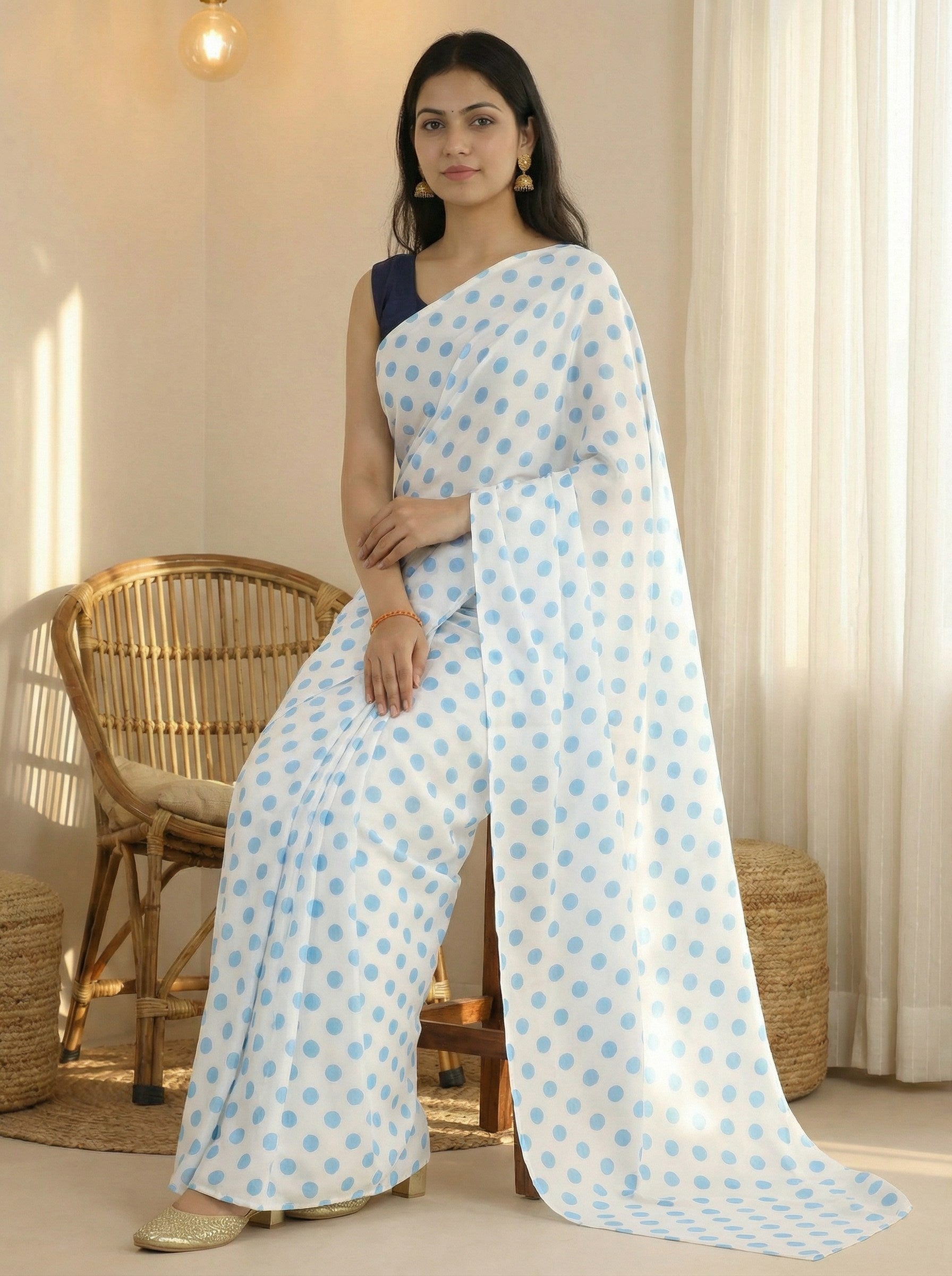Pure Satin Sarees in Polka Dot prints With Plain Blouse