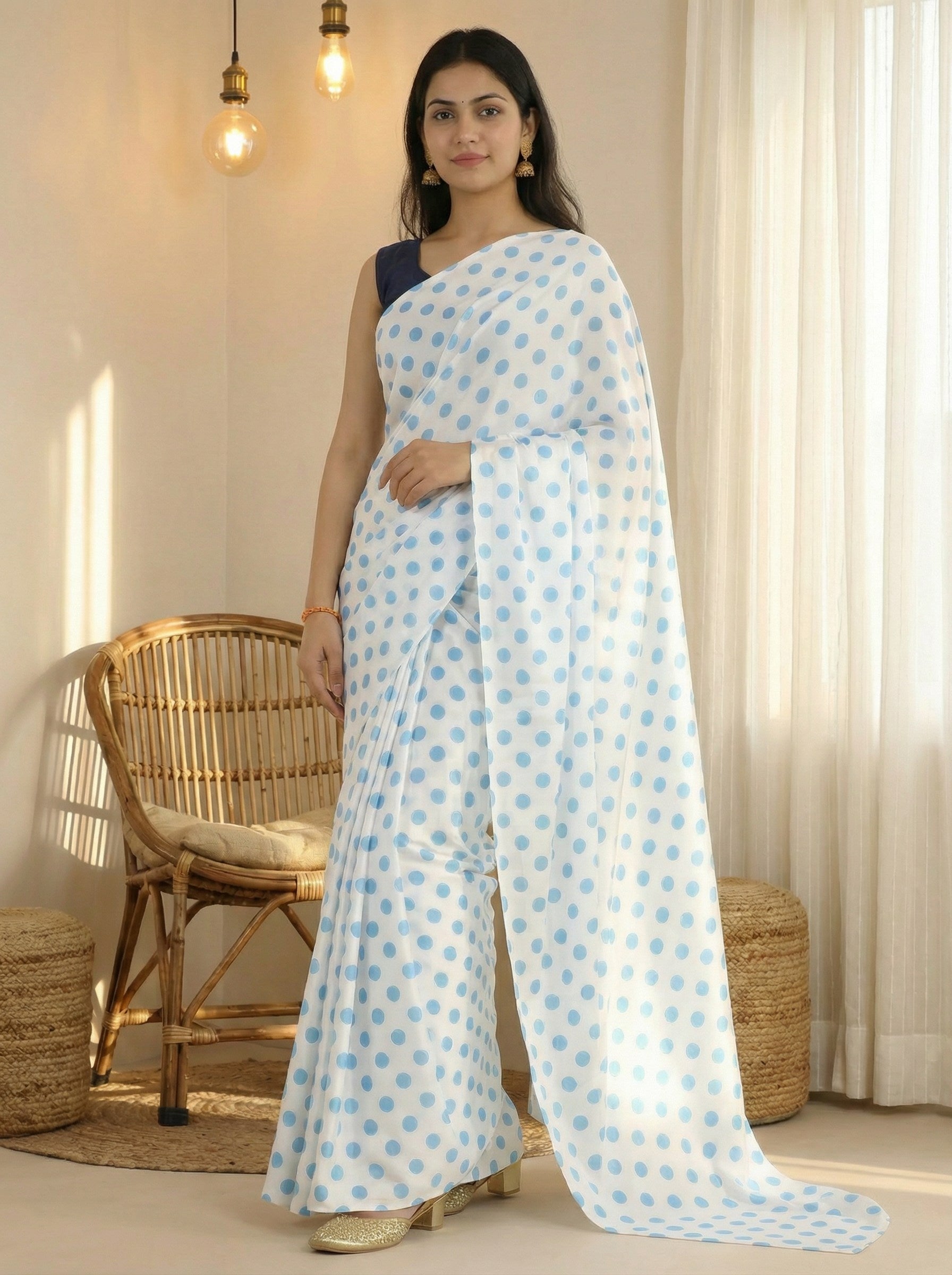 Pure Satin Sarees in Polka Dot prints With Plain Blouse