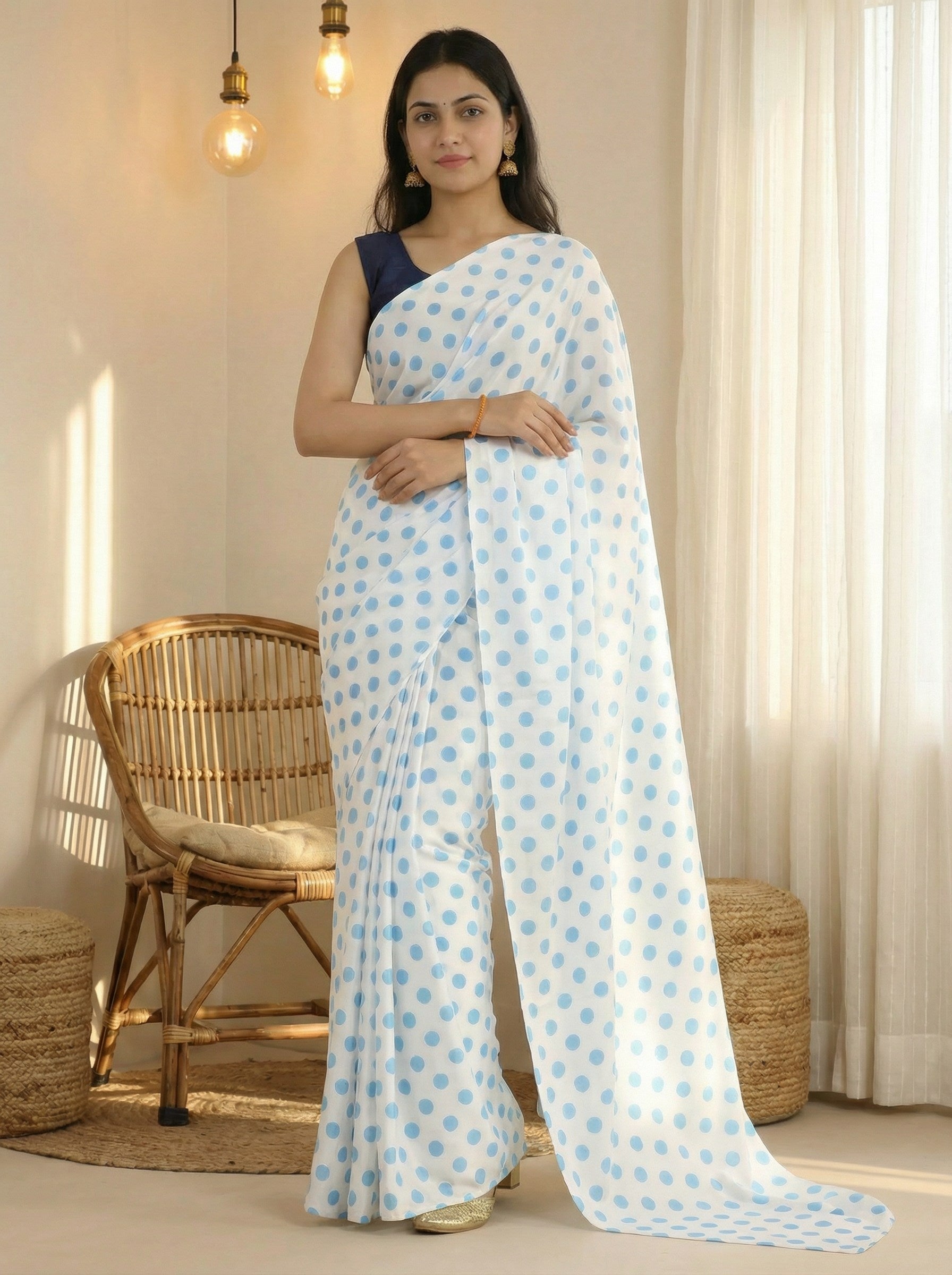 Pure Satin Sarees in Polka Dot prints With Plain Blouse