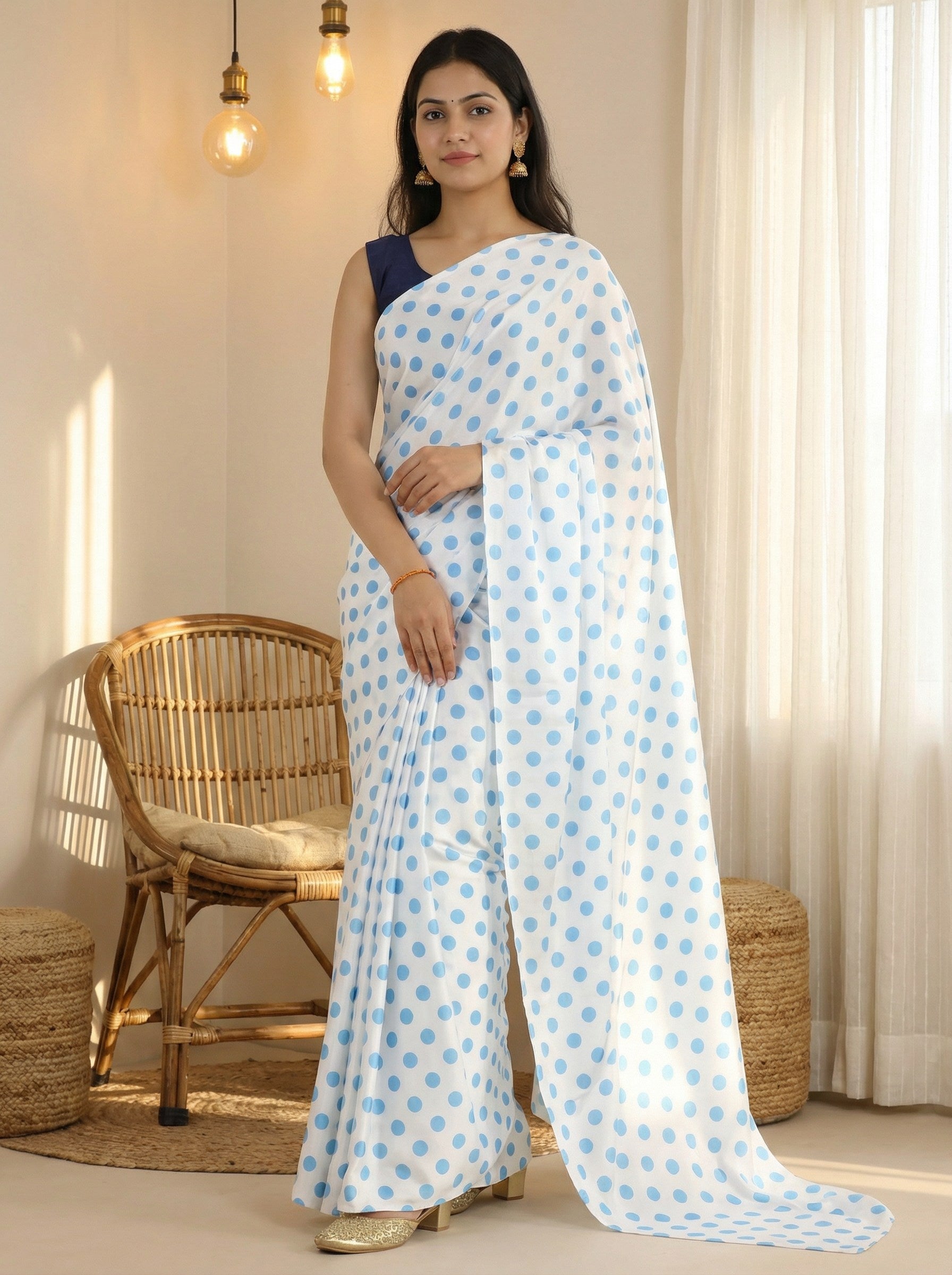 Pure Satin Sarees in Polka Dot prints With Plain Blouse